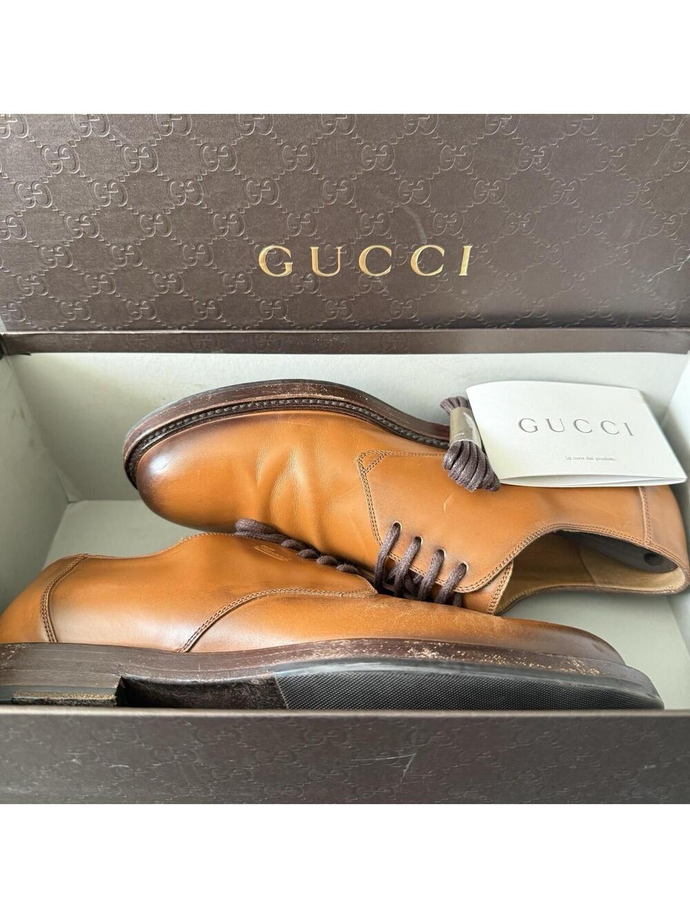 Designer Gucci Men's Burnished Tan Calfskin Leather Plain-Toe Derby Shoes 8 BOX+